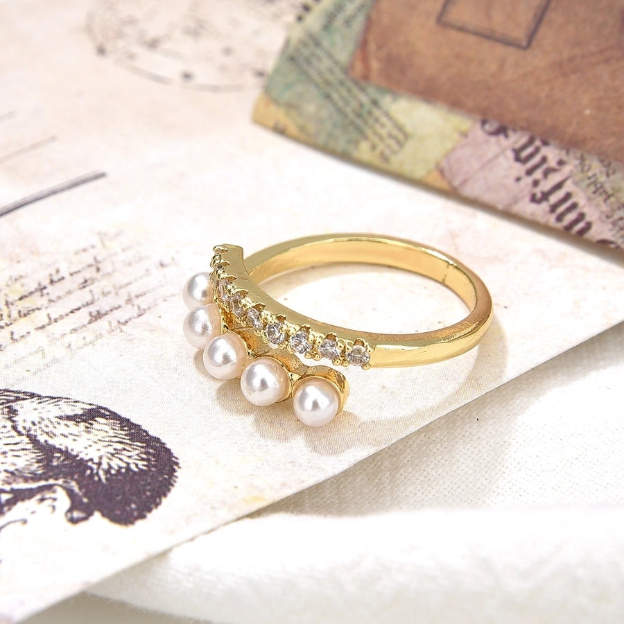 Copper Plating 18K Color Retaining Glossy Zircon Imitation Pearl Open Ring