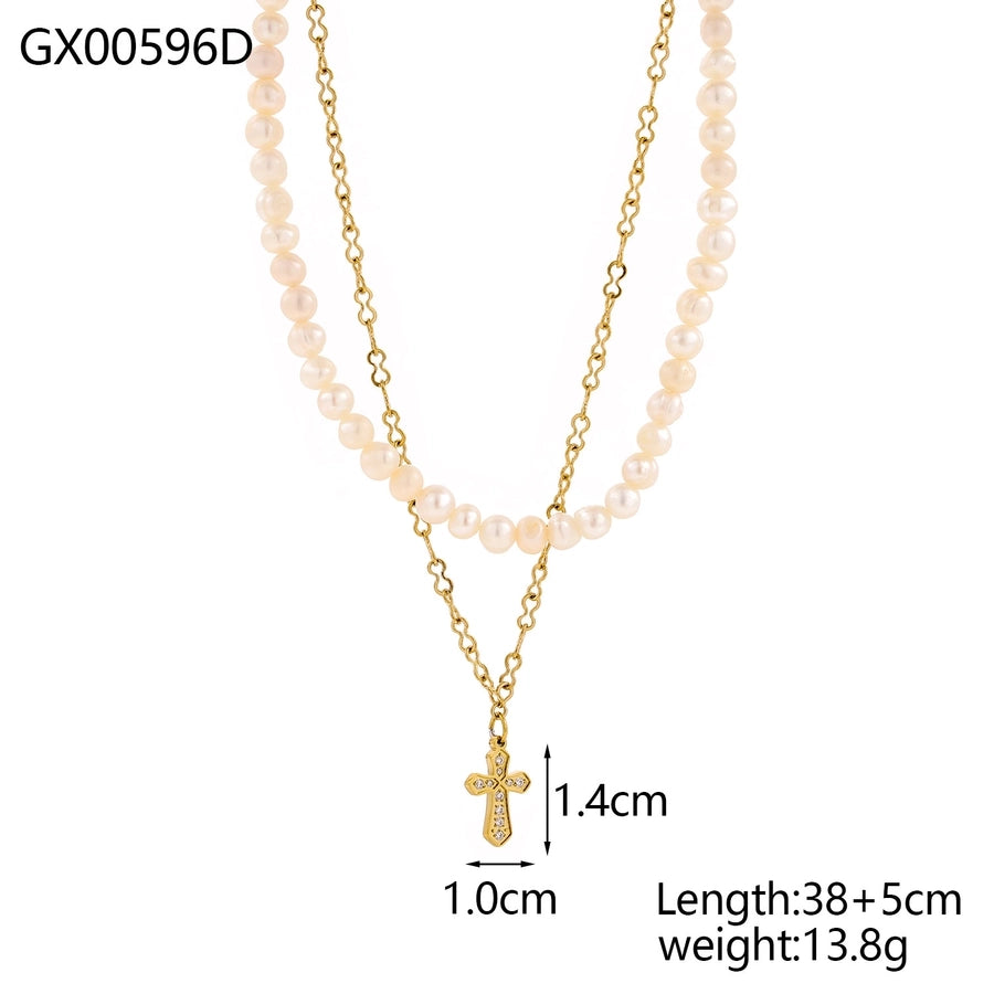 Jewelry Casual Elegant Cross Heart Shape 304 Stainless Steel Shell 18K Gold Plated Pendant Necklace
