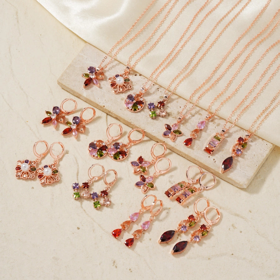 Copper K Gold Plated Inlay Water Droplets Flower Glass Jewelry Set