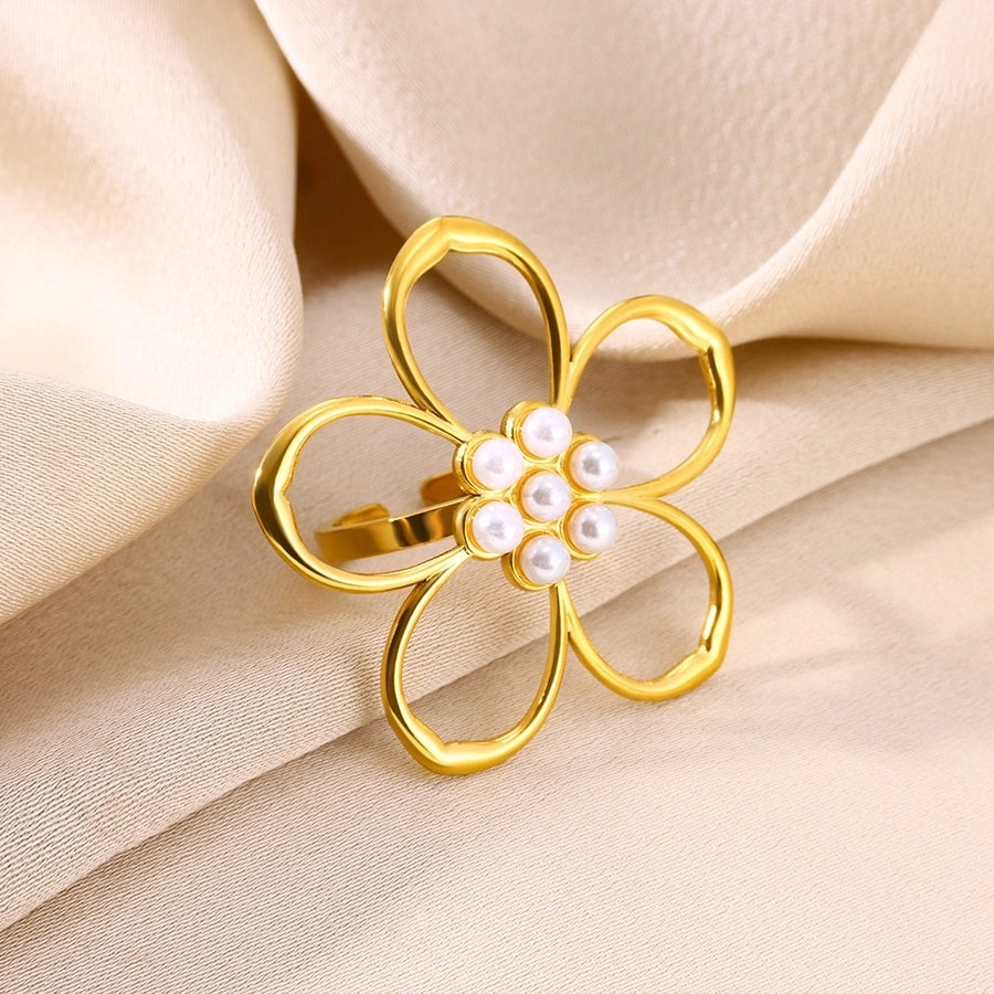 Jewelry Casual Vintage Style Streetwear Flower 304 Stainless Steel Artificial Pearls 18K Gold Plated Inlay Open Rings