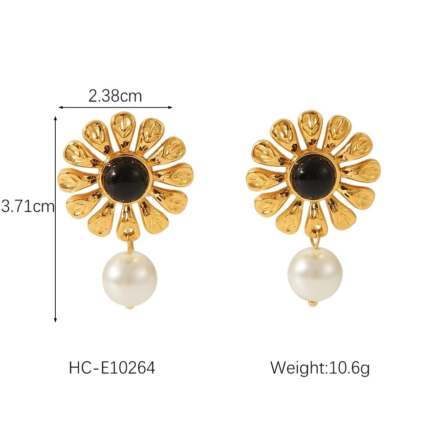 1 Piece IG Style Flower Plating Inlay 304 Stainless Steel Natural Stone Pearl 18K Gold Plated Drop Earrings Ear Studs