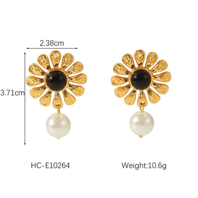 1 Piece IG Style Flower Plating Inlay 304 Stainless Steel Natural Stone Pearl 18K Gold Plated Drop Earrings Ear Studs