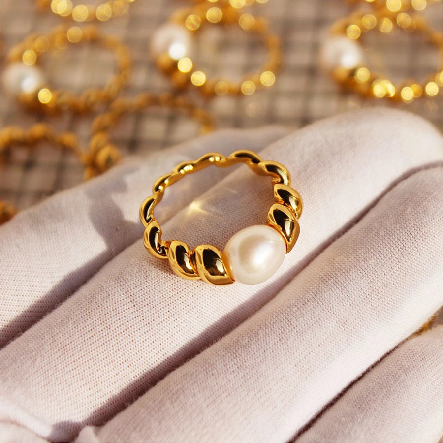Freshwater Pearl Brass 24K Gold Plated Irregular Spiral Stripe Freshwater Pearl Brass Rings