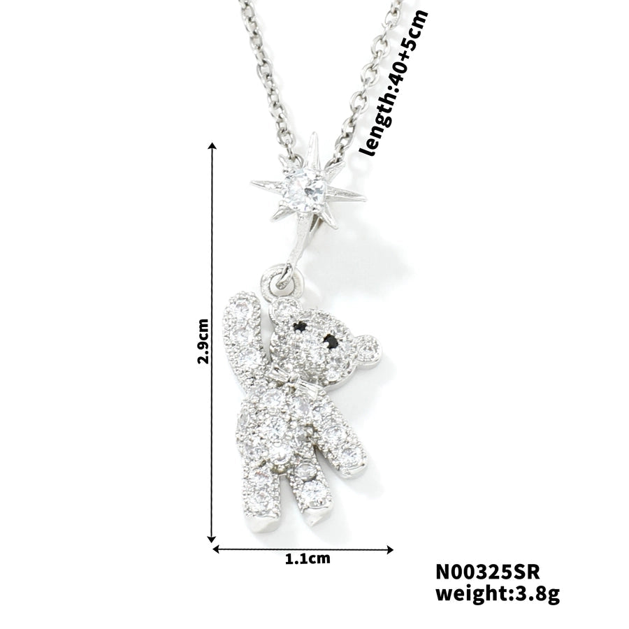 304 Stainless Steel Copper K Gold Plated Rhodium Plated Inlay Bear Zircon Pendant Necklace