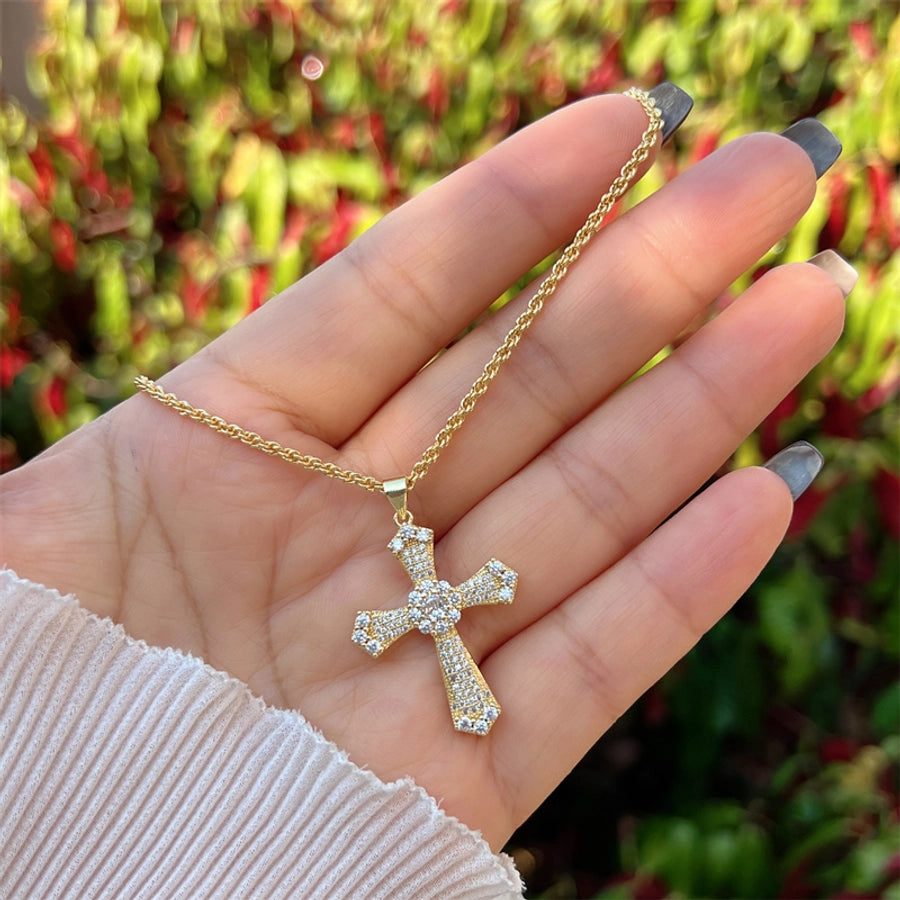 Copper 18K Gold Plated Inlay Portrait Cross Zircon Pendant Necklace