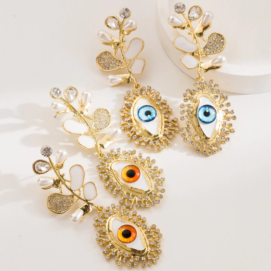 1 Pair Exaggerated Vacation Devil's Eye Inlay Alloy Resin Rhinestones Beads Gold Plated Drop Earrings