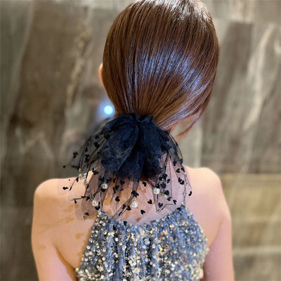 casual heart shape gauze tassel pearl hair tie