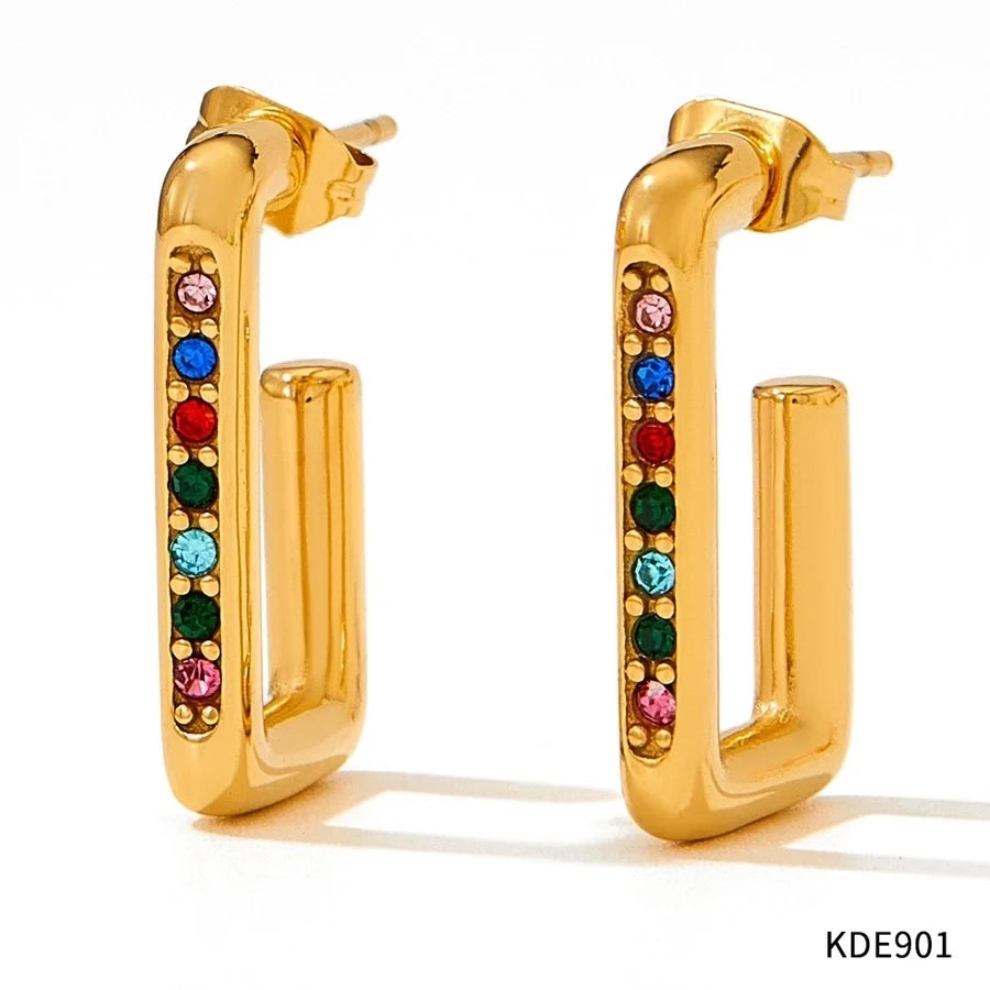 1 Pair Modern Style Artistic Solid Color Plating Inlay 304 Stainless Steel Zircon 16K Gold Plated White Gold Plated Gold Plated Earrings