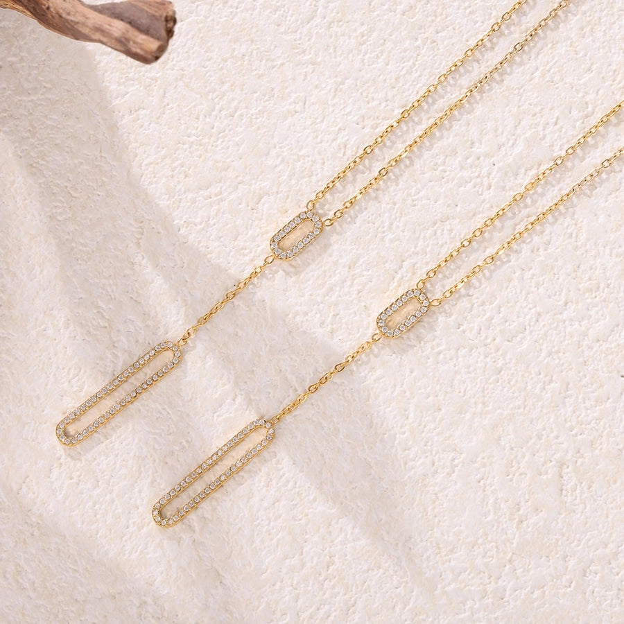 Jewelry Elegant Luxurious Vacation Rectangle Titanium Steel 18K Gold Plated Rhinestone Necklace