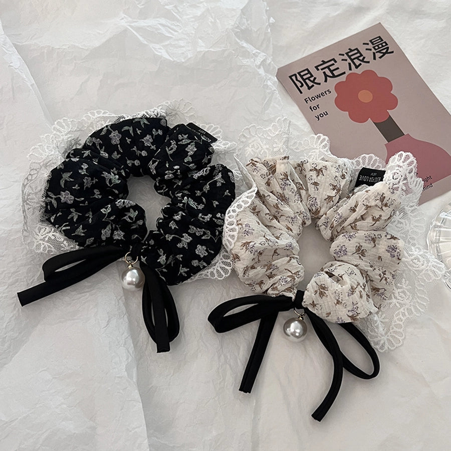 Women's Japanese Style Sweet Flower Cloth Handmade Pearl Lace Hair Tie