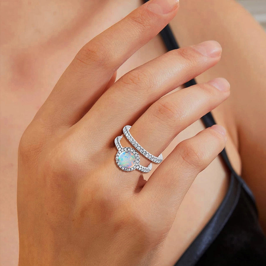 1 Set Opal with Zircon Couple Ring Two-Piece Set, Copper Plated Real Gold