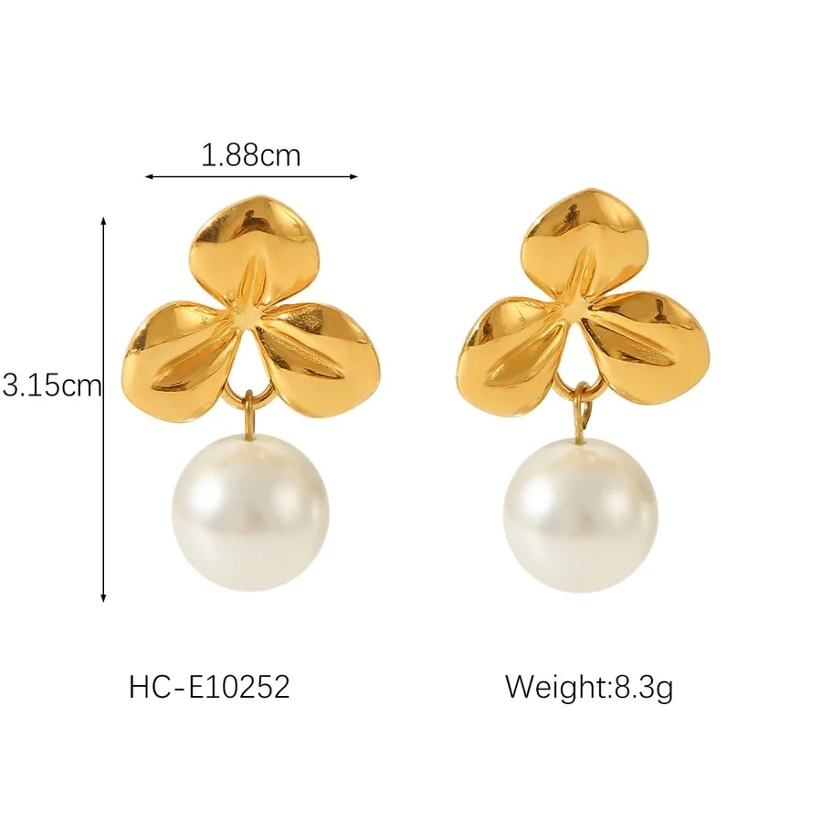 1 Piece IG Style Flower Plating Inlay 304 Stainless Steel Natural Stone Pearl 18K Gold Plated Drop Earrings Ear Studs