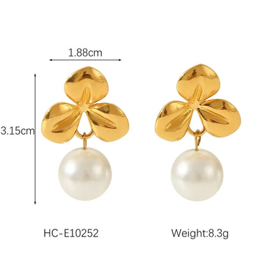 1 Piece IG Style Flower Plating Inlay 304 Stainless Steel Natural Stone Pearl 18K Gold Plated Drop Earrings Ear Studs
