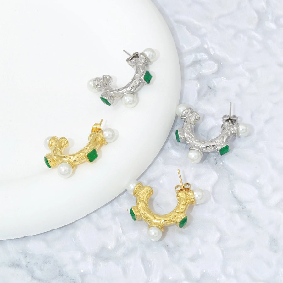 1 Pair Elegant C Shape Plating Inlay 304 Stainless Steel Artificial Pearls Zircon 18K Gold Plated Ear Studs