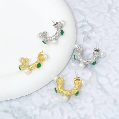 1 Pair Elegant C Shape Plating Inlay 304 Stainless Steel Artificial Pearls Zircon 18K Gold Plated Ear Studs