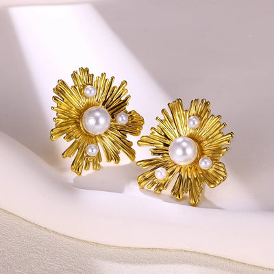 French Style Retro Minority Pearl Ear Stud and Ring Suit Light Luxury High-Grade Autumn Design Flower Rings Ear Studs