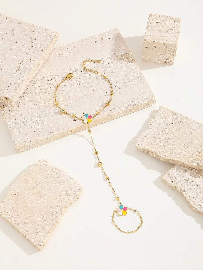 Simple Style Classic Style Petal Butterfly Bow Knot Titanium Steel 18K Gold Plated Rhinestones Bracelets In Bulk