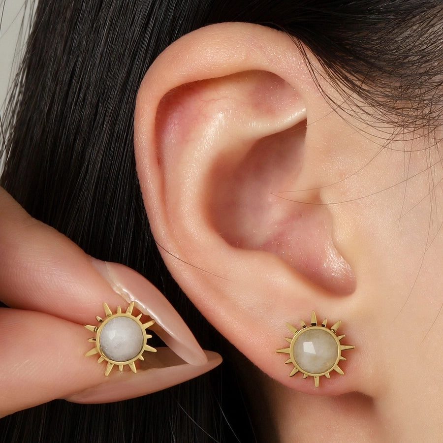 One Pack and Two Pairs Retro French Style Sun Plating Titanium Steel Natural Stone 14K Gold Plated Ear Studs