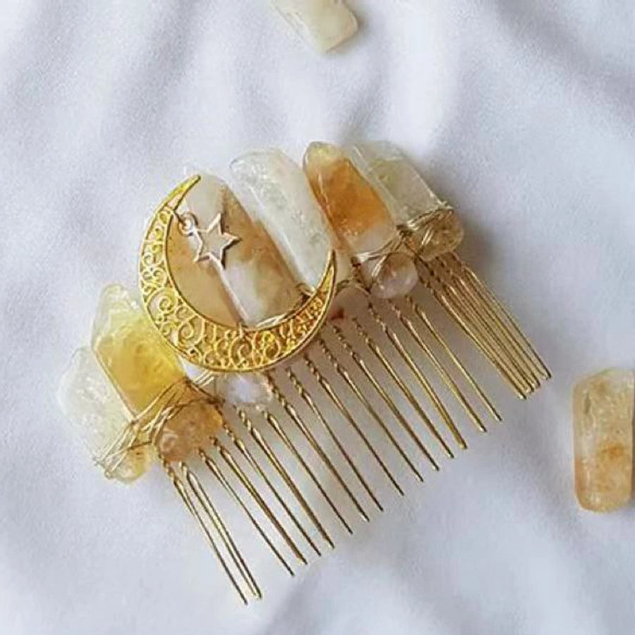 retro moon crown natural crystal hollow out hair combs crown