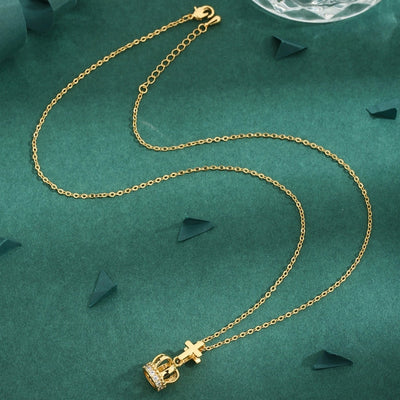 Copper O-shaped chain 18K Gold Plated Inlay Cross Crown Zircon Pendant Necklace