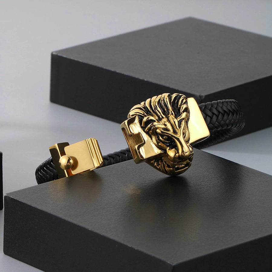 Business Lion's head Wolf Head Skull 304 Stainless Steel Leather 18K Gold Plated Men's Bracelets