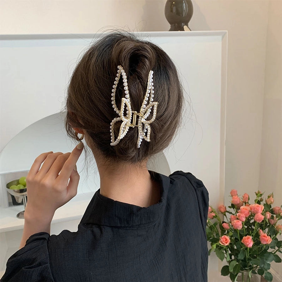 fashion new large bow inlay pearl grip women's hair clip hair accessories