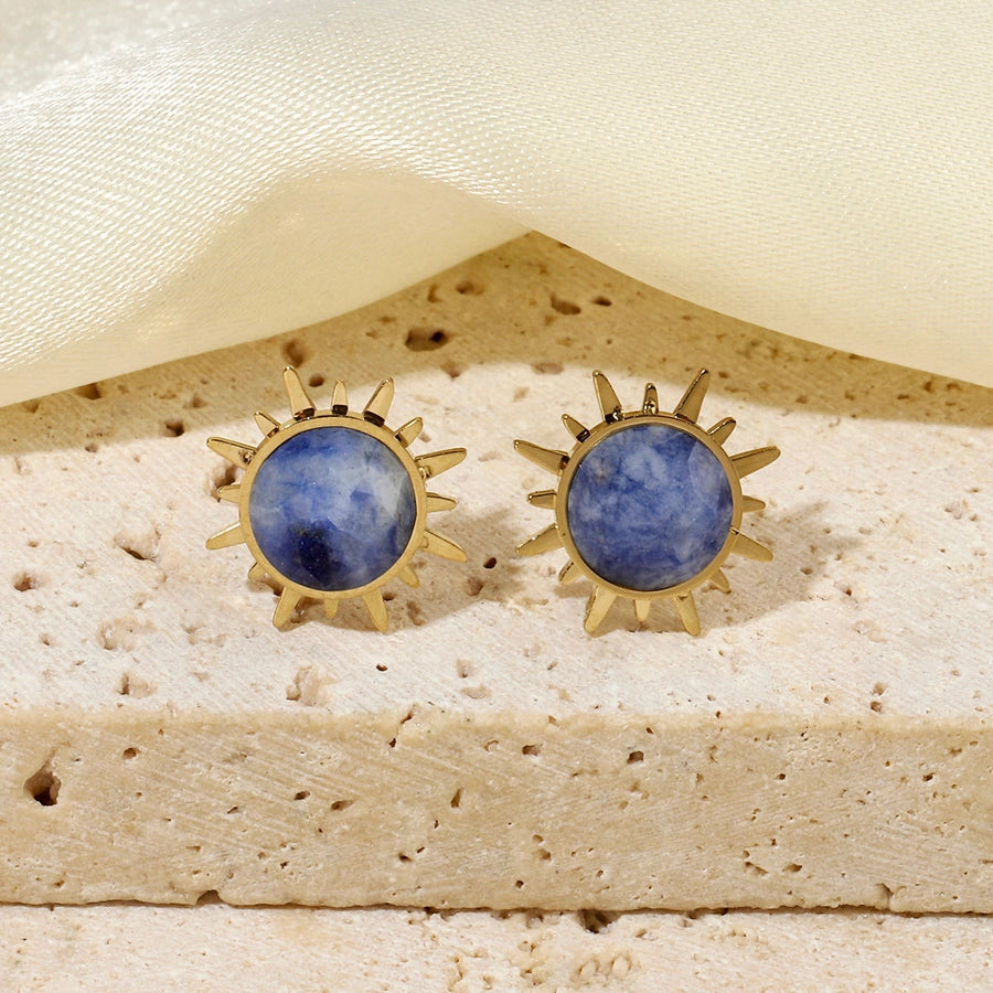 One Pack and Two Pairs Retro French Style Sun Plating Titanium Steel Natural Stone 14K Gold Plated Ear Studs