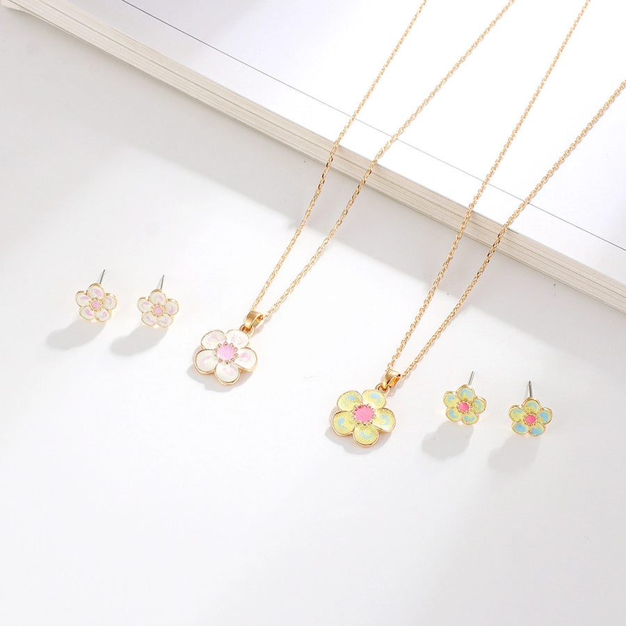 creative children's jewelry set cartoon flower jewelry set alloy drop oil necklace earrings two-piece set