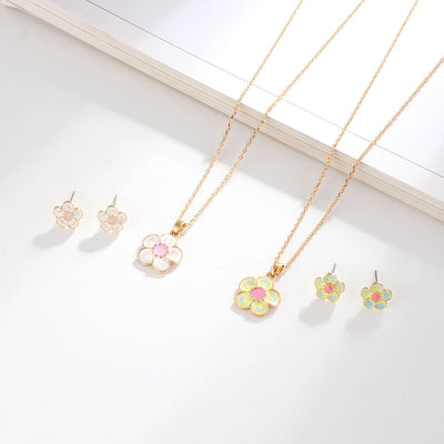 creative children's jewelry set cartoon flower jewelry set alloy drop oil necklace earrings two-piece set