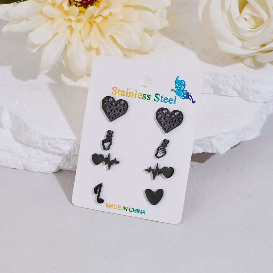 4 Pairs Cute Sweet Commute Geometric Heart Shape Polishing Hollow Out 304 Stainless Steel 18K Gold Plated Ear Studs