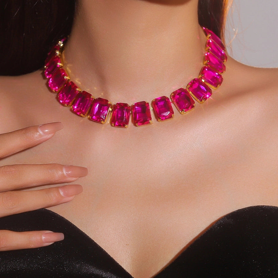 Copper Tennis Chain Inlay Rectangle Rhinestones Pendant Necklace