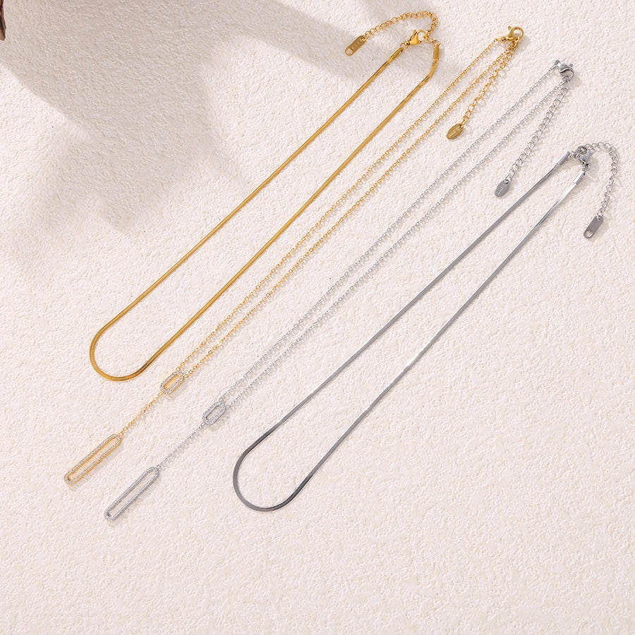 Jewelry Elegant Luxurious Vacation Rectangle Titanium Steel 18K Gold Plated Rhinestone Necklace