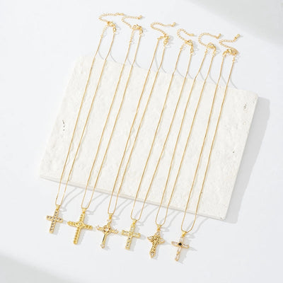 Copper box chain 18K Gold Plated Inlay Carving Cross Zircon Pendant Necklace