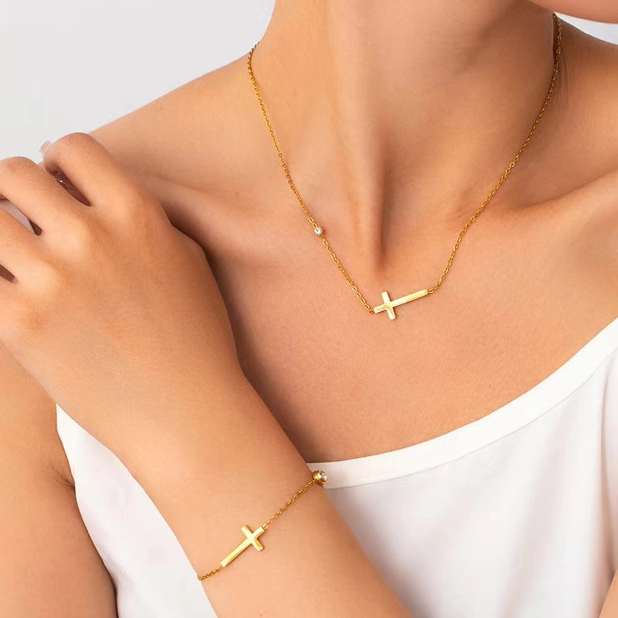 Jewelry Simple Style Classic Style Commute Cross 304 Stainless Steel Artificial Rhinestones 18K Gold Plated Plating Jewelry Set