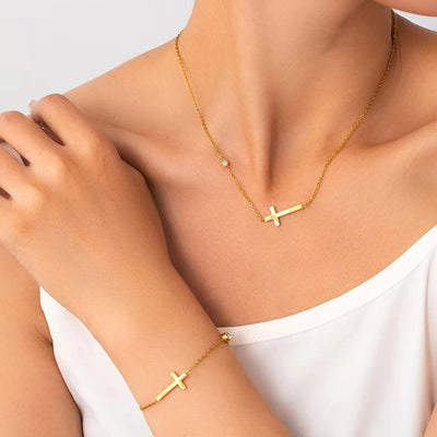 Jewelry Simple Style Classic Style Commute Cross 304 Stainless Steel Artificial Rhinestones 18K Gold Plated Plating Jewelry Set