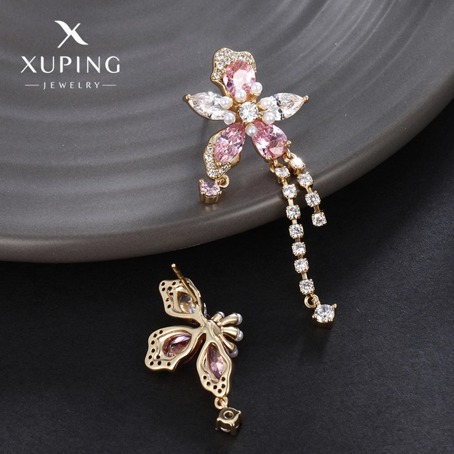 1 Pair Luxurious Sweet Tassel Flower Plating Copper Artificial Gemstones 18K Gold Plated Drop Earrings