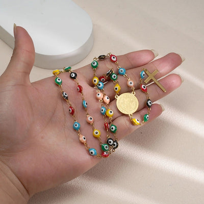 Jewelry Elegant Cross Devil's Eye Titanium Steel Enamel Pendant Necklace