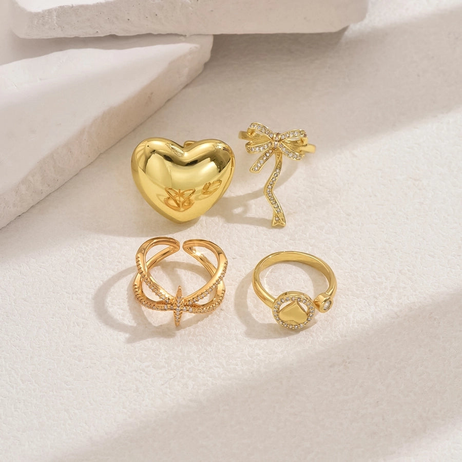 A Copper-Plated Gold Glossy Heart Inlaid Zircon Bow XINGX Sweet Light Luxury Daily Date Gift Women's Ring