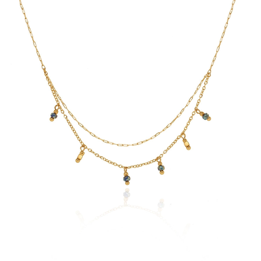 Jewelry Vintage Style Geometric 304 Stainless Steel natural stone 18K Gold Plated Beaded Plating Double Layer Necklaces