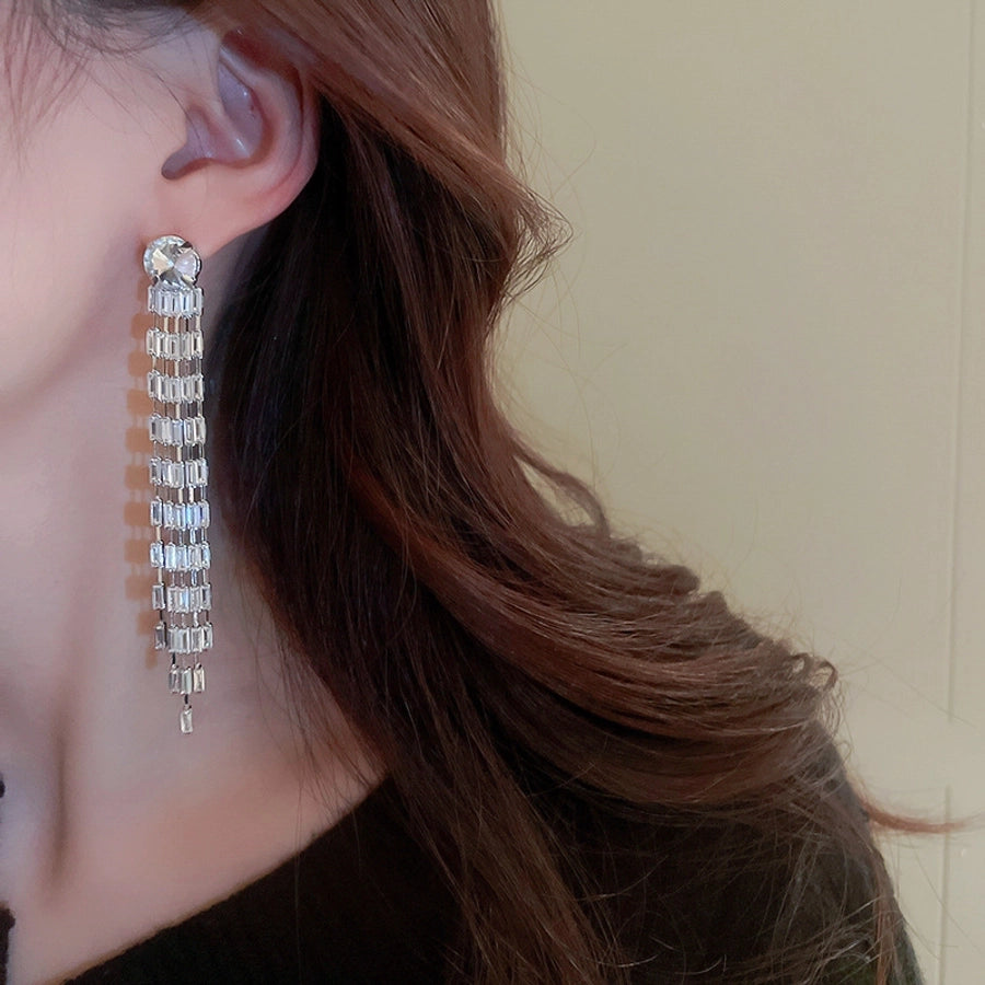 1 Pair Elegant Lady Geometric Tassel Copper Rhinestones Drop Earrings
