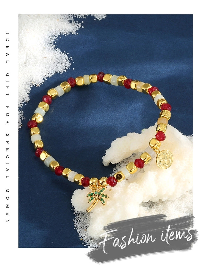 Jewelry IG Style Coconut Tree Copper Artificial Gemstones Beaded Inlay Bracelets