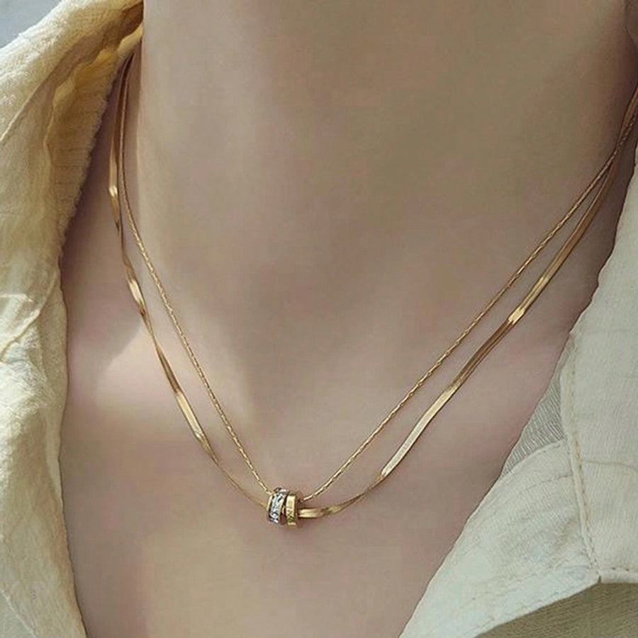 Jewelry Lady Simple Style Commute Round 304 Stainless Steel Artificial Rhinestones 18K Gold Plated Plating Inlay Double Layer Necklaces