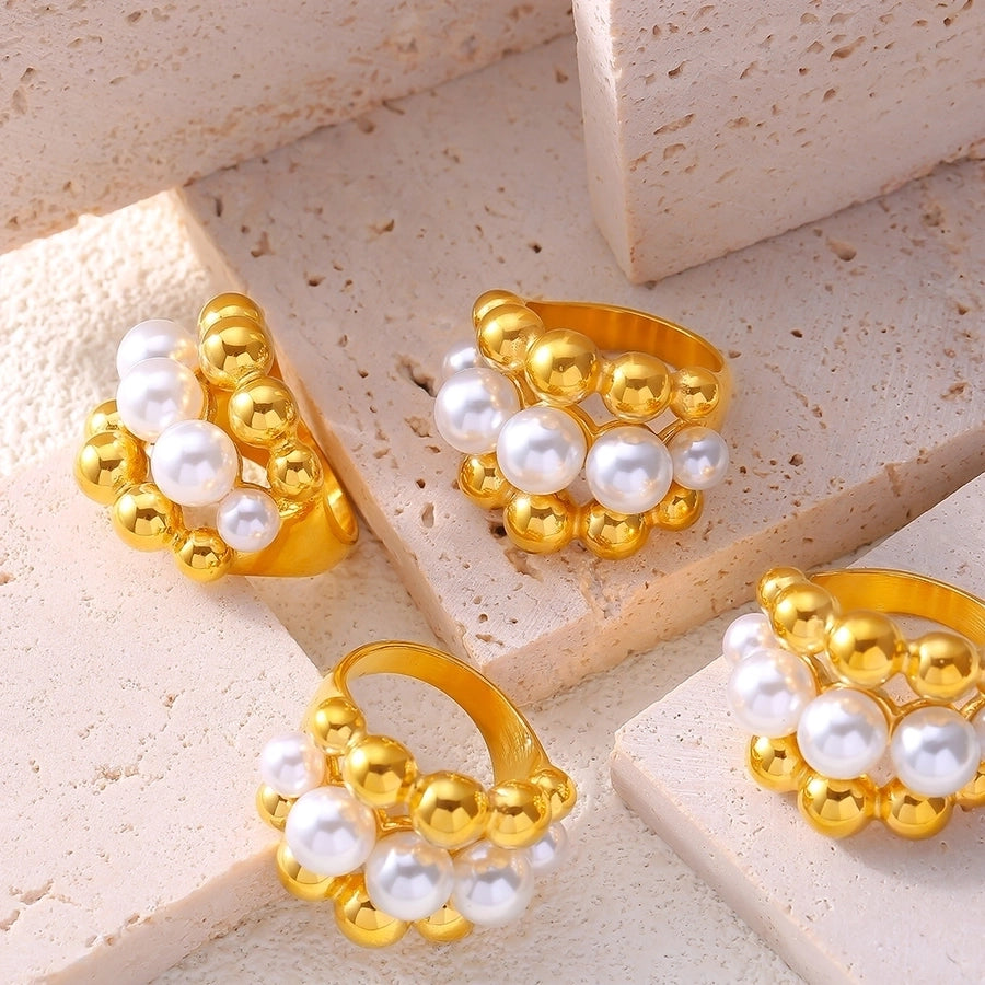 Jewelry Elegant French Style Round 304 Stainless Steel Artificial Pearls 18K Gold Plated Layered Inlay Rings
