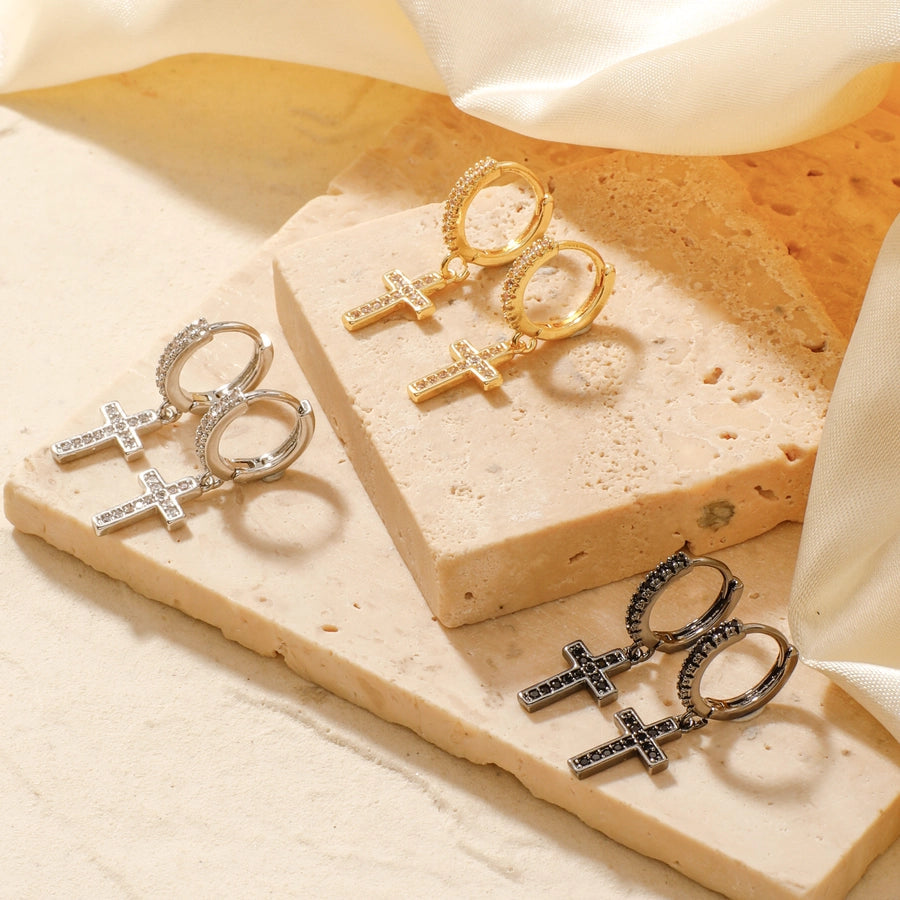 1 Pair Elegant Streetwear Shiny Cross Inlay Copper Zircon K Gold Plated Rhodium Plated Earrings