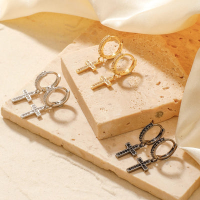1 Pair Elegant Streetwear Shiny Cross Inlay Copper Zircon K Gold Plated Rhodium Plated Earrings