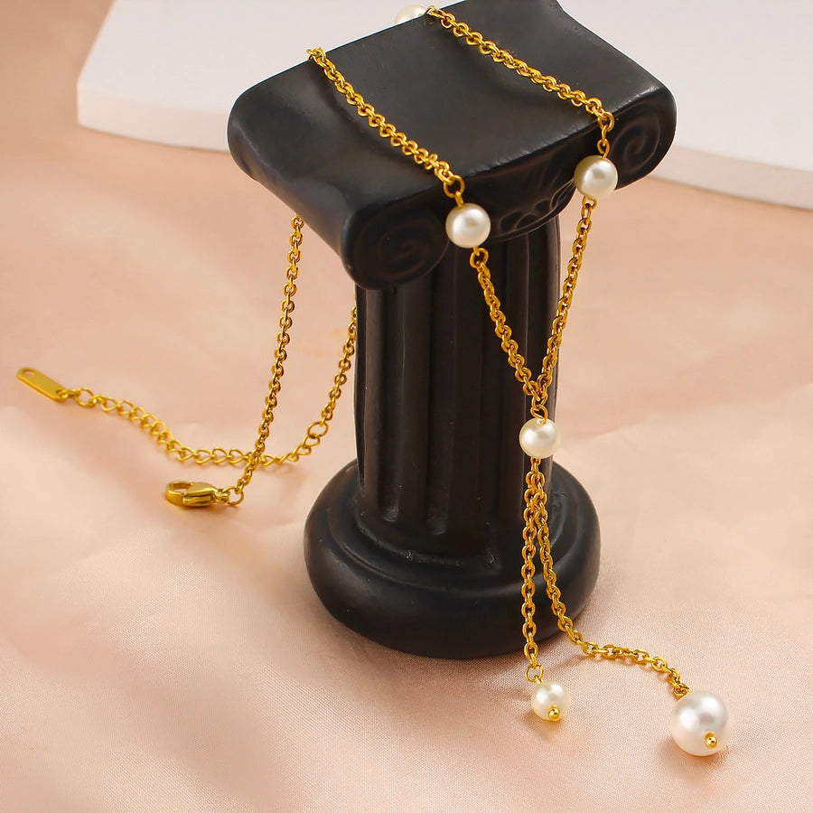 Jewelry French Style Geometric 304 Stainless Steel Glass Pearl 18K Gold Plated Bracelets Necklace