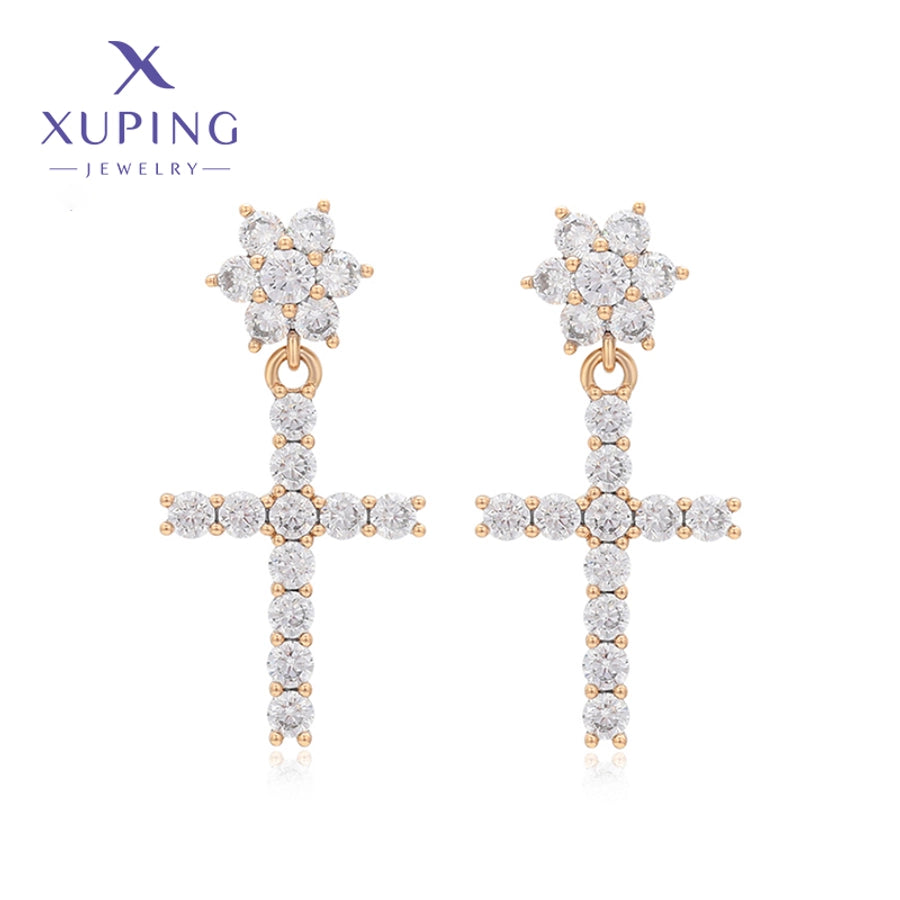 1 Pair XUPING Simple Style Shiny Cross Flower Inlay Copper Artificial Gemstones 18K Gold Plated Drop Earrings