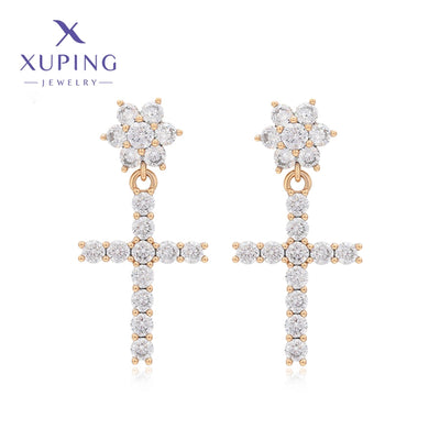1 Pair XUPING Simple Style Shiny Cross Flower Inlay Copper Artificial Gemstones 18K Gold Plated Drop Earrings