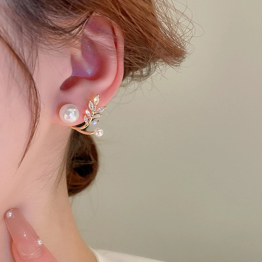 1 Pair Casual Simple Style Streetwear Leaf Plating Copper Artificial Pearls Zircon Earrings