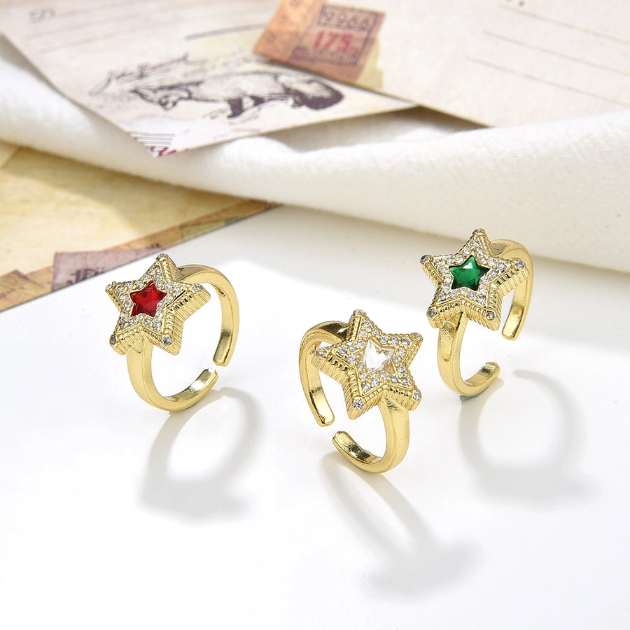 Copper Plating 18K Color-Retaining Zircon Pentagram Star Open-End Ring